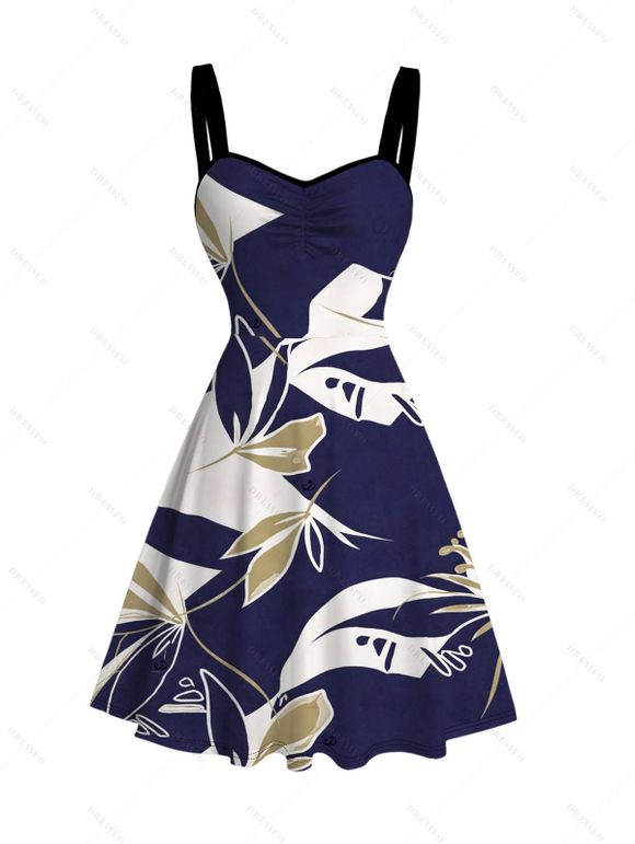 Hawaiian Vacation Couple Outfit Vintage Abstract Palm Leaf Print Ruched Bust Mini Dress and Shirt Set - DEEP BLUE S | US 4