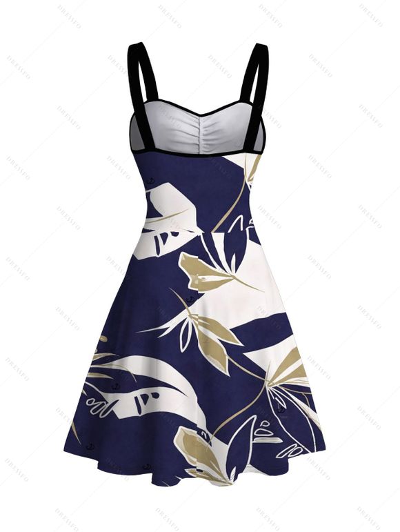 Hawaiian Vacation Couple Outfit Vintage Abstract Palm Leaf Print Ruched Bust Mini Dress and Shirt Set - DEEP BLUE S | US 4