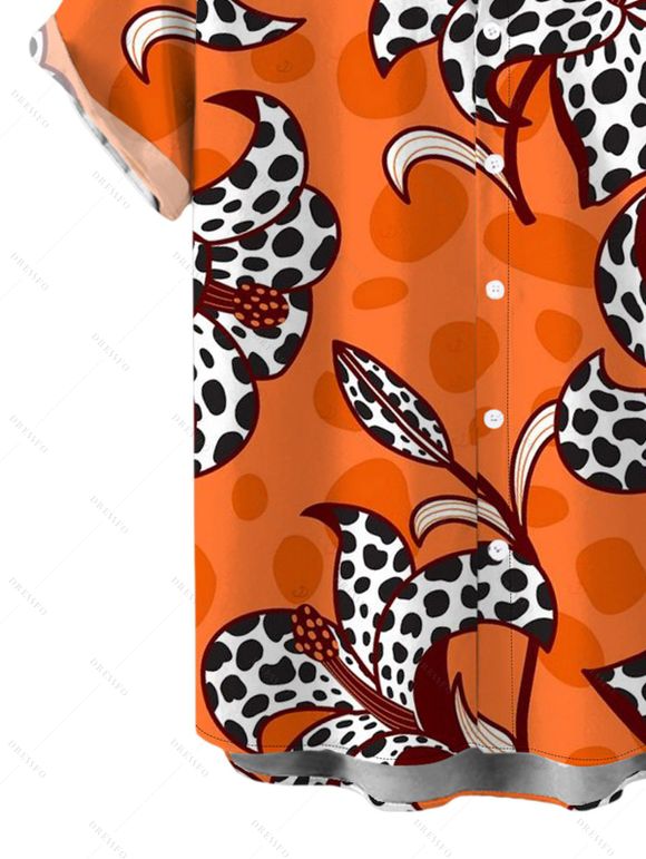 Men's Vintage Shirt Colorblock Leopard Lily Floral Print Button Up Shirt - Orange 5XL