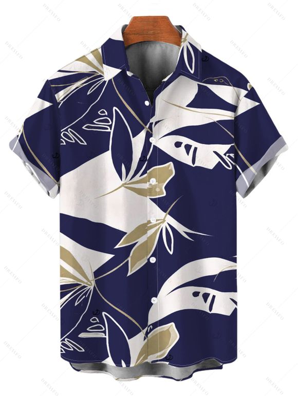 Hawaiian Vacation Couple Outfit Vintage Abstract Palm Leaf Print Ruched Bust Mini Dress and Shirt Set - DEEP BLUE S | US 4