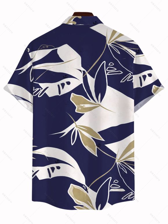 Hawaiian Vacation Couple Outfit Vintage Abstract Palm Leaf Print Ruched Bust Mini Dress and Shirt Set - DEEP BLUE S | US 4