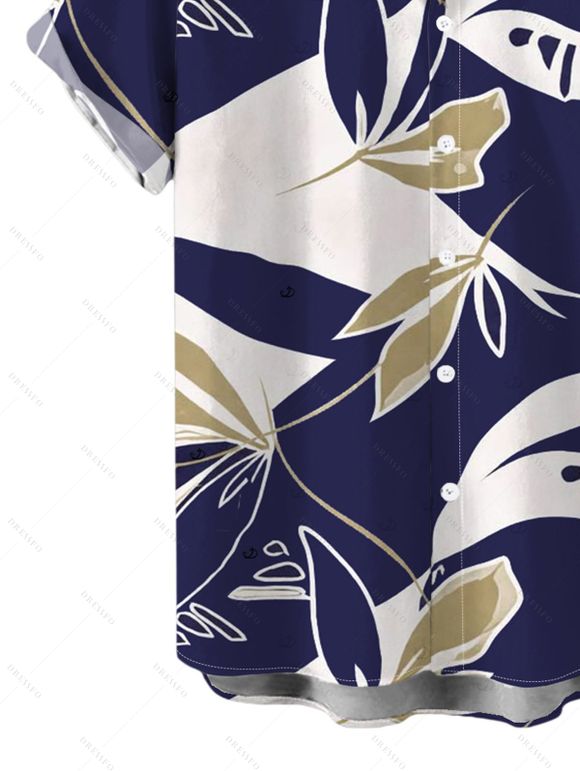 Hawaiian Vacation Couple Outfit Vintage Abstract Palm Leaf Print Ruched Bust Mini Dress and Shirt Set - DEEP BLUE S | US 4