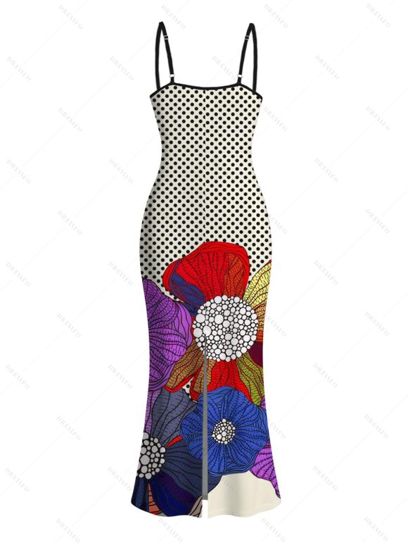 Vintage Dress Polka Dot Colorblock Floral Print Spaghetti Strap Maxi Bodycon Dress - Noir XXL | US 14