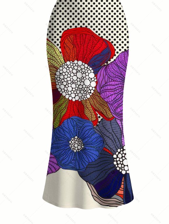 Vintage Dress Polka Dot Colorblock Floral Print Spaghetti Strap Maxi Bodycon Dress - Noir XXL | US 14