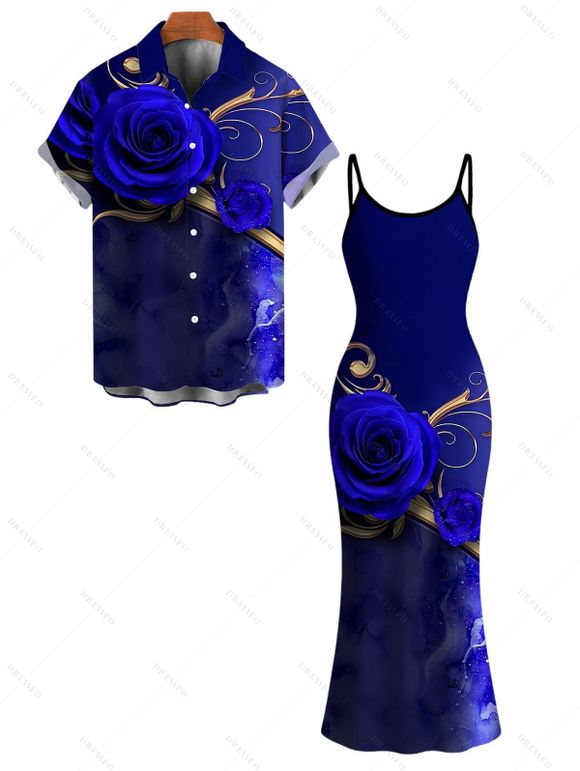 Vacation Couple Outfit Rose Floral Metallic Gold Scroll Vine Print Spaghetti Strap Maxi Bodycon Dress and Shirt Set - Bleu profond S | US 4