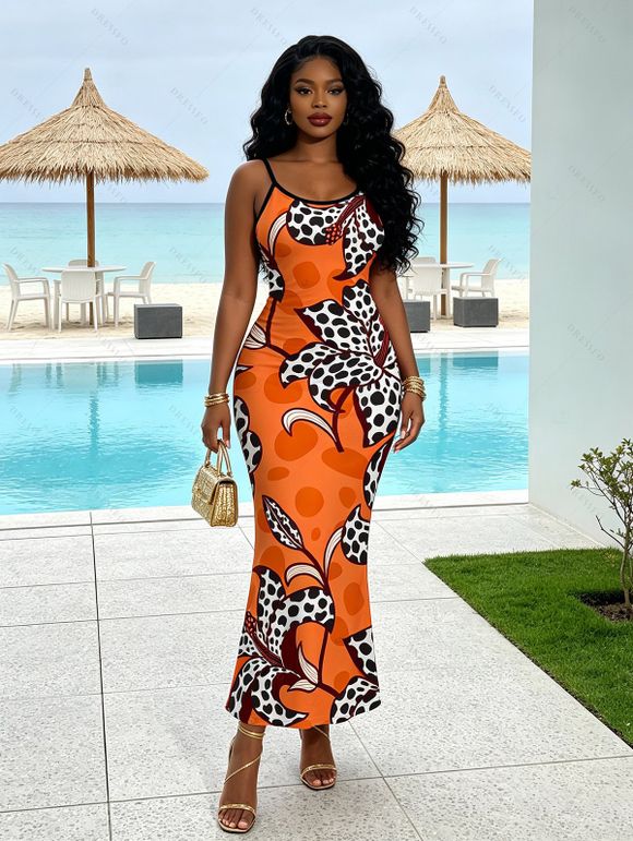 Vintage Dress Colorblock Leopard Lily Floral Print Spaghetti Strap Maxi Bodycon Dress - Orange XXL | US 14