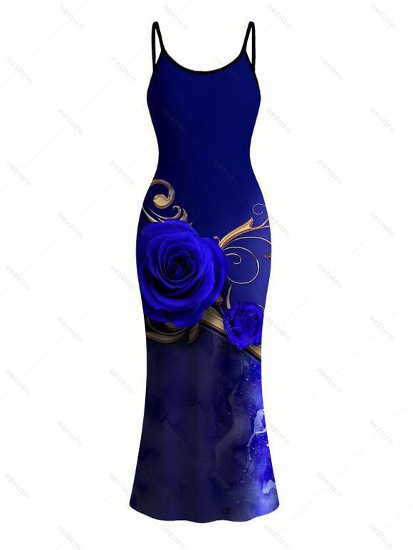 Vacation Couple Outfit Rose Floral Metallic Gold Scroll Vine Print Spaghetti Strap Maxi Bodycon Dress and Shirt Set - Bleu profond S | US 4
