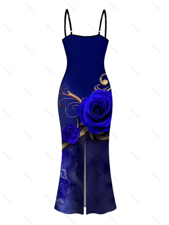Vacation Couple Outfit Rose Floral Metallic Gold Scroll Vine Print Spaghetti Strap Maxi Bodycon Dress and Shirt Set - Bleu profond S | US 4