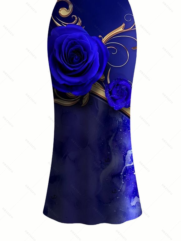 Vacation Couple Outfit Rose Floral Metallic Gold Scroll Vine Print Spaghetti Strap Maxi Bodycon Dress and Shirt Set - Bleu profond S | US 4