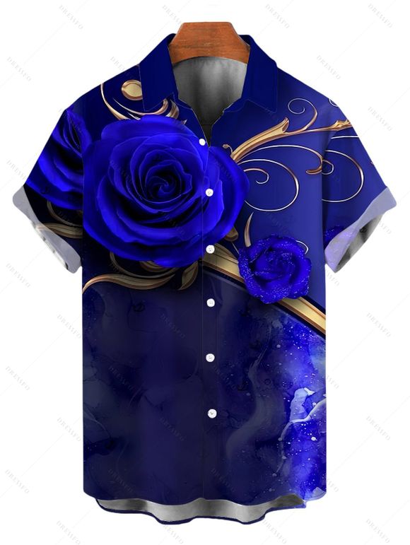 Vacation Couple Outfit Rose Floral Metallic Gold Scroll Vine Print Spaghetti Strap Maxi Bodycon Dress and Shirt Set - Bleu profond S | US 4