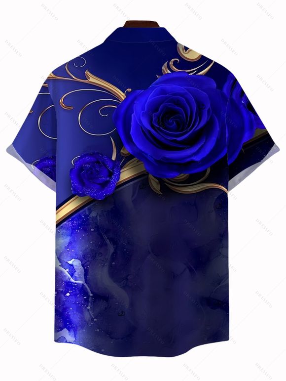 Vacation Couple Outfit Rose Floral Metallic Gold Scroll Vine Print Spaghetti Strap Maxi Bodycon Dress and Shirt Set - Bleu profond S | US 4