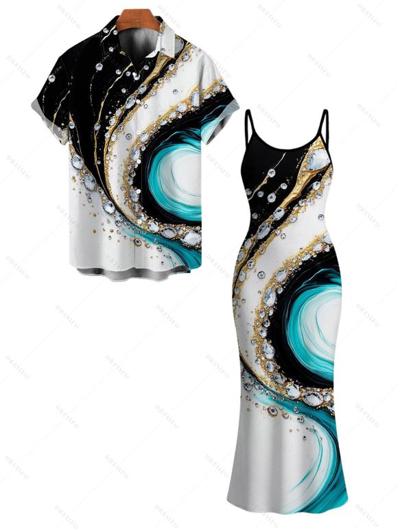 Vacation Couple Outfit Metallic Gold Fluid Marble Swirl Print Spaghetti Strap Maxi Bodycon Dress and Shirt Set - multicolor A S | US 4