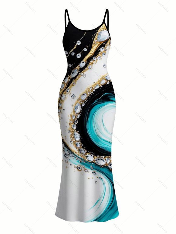 Vacation Couple Outfit Metallic Gold Fluid Marble Swirl Print Spaghetti Strap Maxi Bodycon Dress and Shirt Set - multicolor A S | US 4