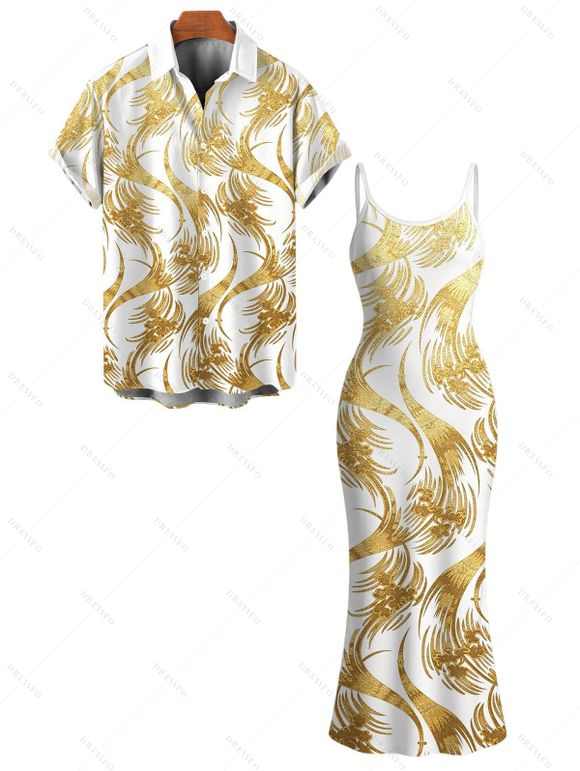 Vacation Couple Outfit Metallic Gold Phoenix Print Spaghetti Strap Maxi Bodycon Dress and Shirt Set - Blanc S | US 4