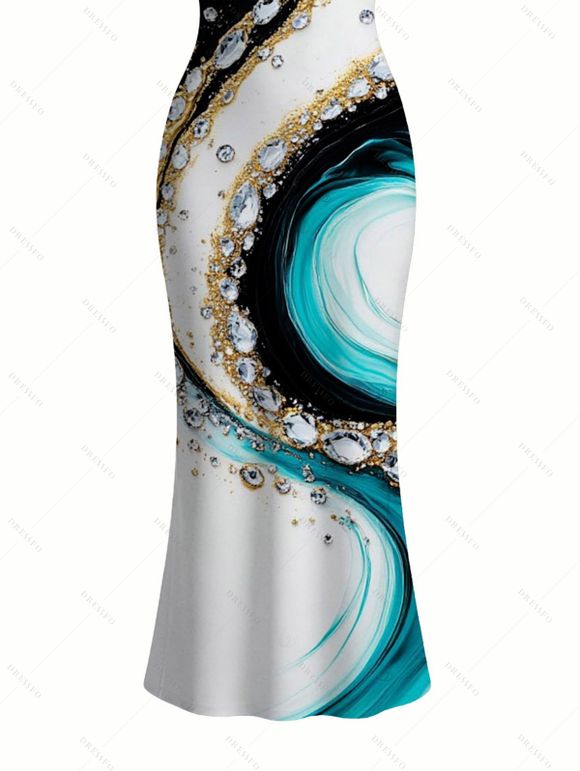 Vacation Couple Outfit Metallic Gold Fluid Marble Swirl Print Spaghetti Strap Maxi Bodycon Dress and Shirt Set - multicolor A S | US 4