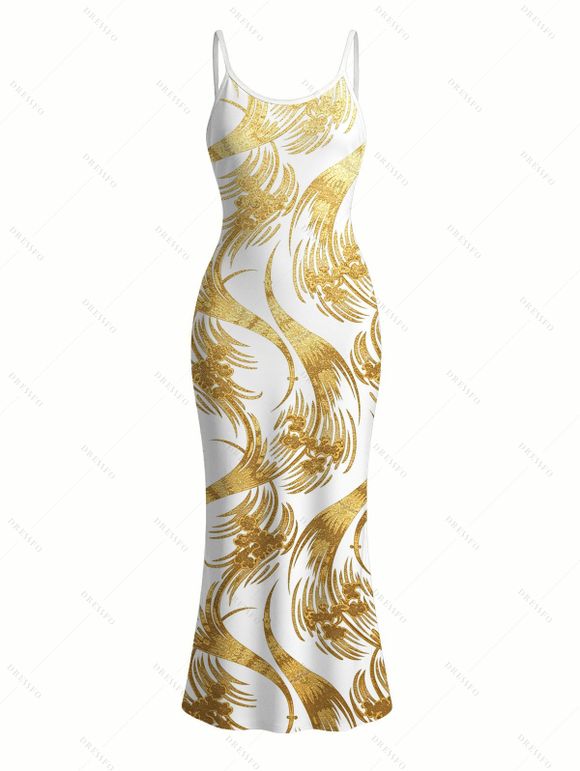 Vacation Couple Outfit Metallic Gold Phoenix Print Spaghetti Strap Maxi Bodycon Dress and Shirt Set - Blanc S | US 4