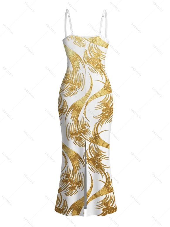 Vacation Couple Outfit Metallic Gold Phoenix Print Spaghetti Strap Maxi Bodycon Dress and Shirt Set - Blanc S | US 4
