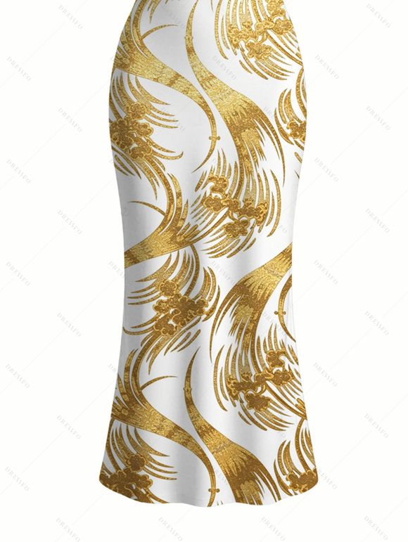 Vacation Couple Outfit Metallic Gold Phoenix Print Spaghetti Strap Maxi Bodycon Dress and Shirt Set - Blanc S | US 4