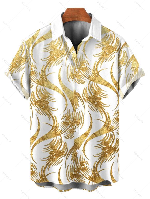 Vacation Couple Outfit Metallic Gold Phoenix Print Spaghetti Strap Maxi Bodycon Dress and Shirt Set - Blanc S | US 4