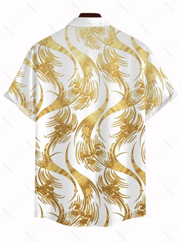 Vacation Couple Outfit Metallic Gold Phoenix Print Spaghetti Strap Maxi Bodycon Dress and Shirt Set - Blanc S | US 4
