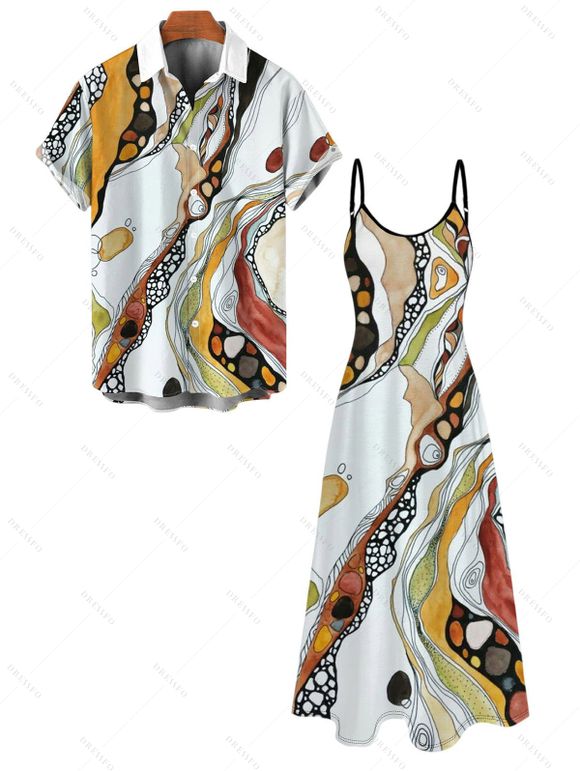 Vacation Couple Outfit Vintage Hand-Painted Abstract Fluid Print Pocket Spaghetti Strap Dress and Shirt Set - WHITE S | US 4
