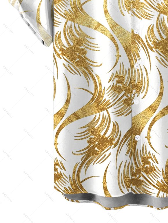 Vacation Couple Outfit Metallic Gold Phoenix Print Spaghetti Strap Maxi Bodycon Dress and Shirt Set - Blanc S | US 4