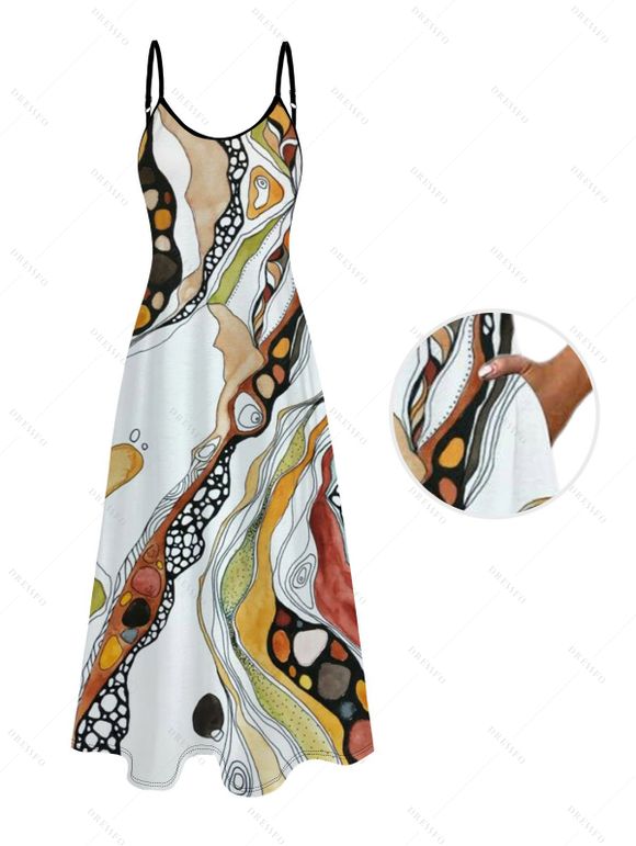 Vacation Couple Outfit Vintage Hand-Painted Abstract Fluid Print Pocket Spaghetti Strap Dress and Shirt Set - WHITE S | US 4