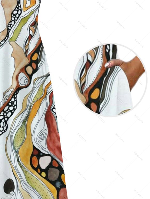 Vacation Couple Outfit Vintage Hand-Painted Abstract Fluid Print Pocket Spaghetti Strap Dress and Shirt Set - WHITE S | US 4