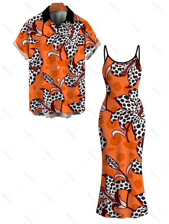 Vintage Couple Outfit Colorblock Leopard Lily Floral Print Spaghetti Strap Maxi Bodycon Dress and Shirt Set - ORANGE S | US 4
