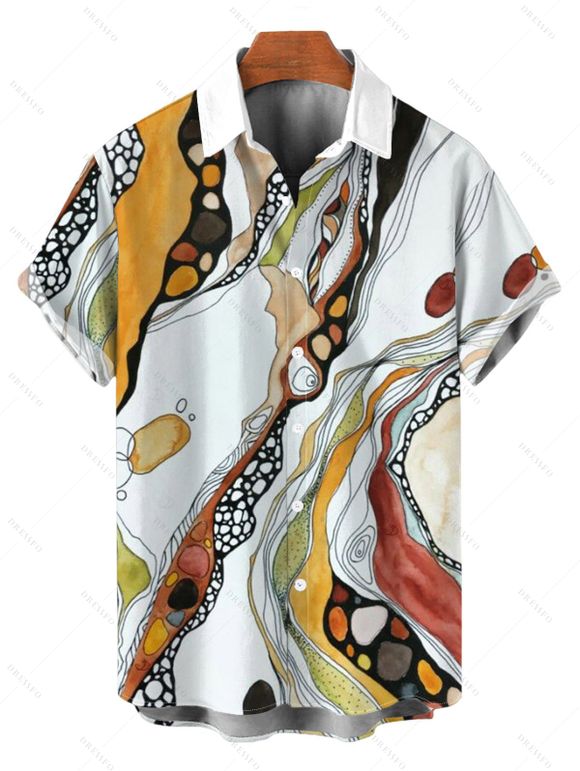 Vacation Couple Outfit Vintage Hand-Painted Abstract Fluid Print Pocket Spaghetti Strap Dress and Shirt Set - WHITE S | US 4
