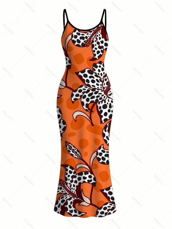 Vintage Couple Outfit Colorblock Leopard Lily Floral Print Spaghetti Strap Maxi Bodycon Dress and Shirt Set - ORANGE S | US 4