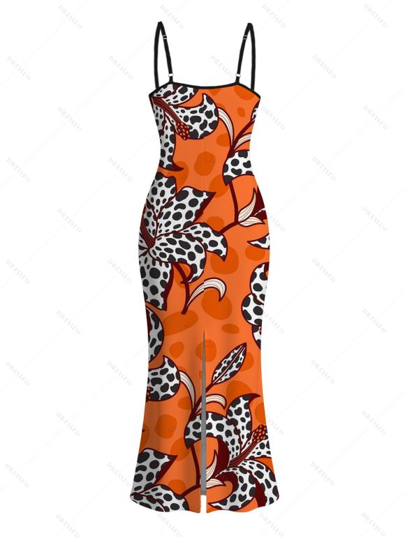 Vintage Couple Outfit Colorblock Leopard Lily Floral Print Spaghetti Strap Maxi Bodycon Dress and Shirt Set - ORANGE S | US 4