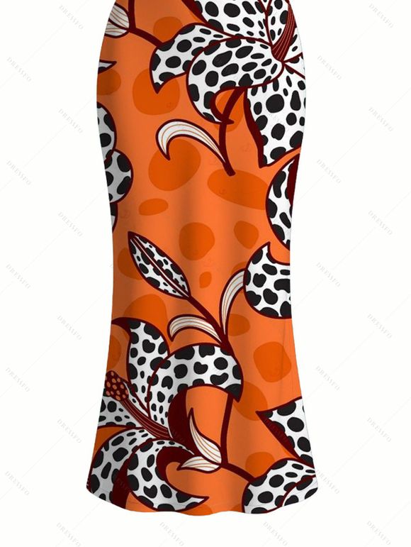 Vintage Couple Outfit Colorblock Leopard Lily Floral Print Spaghetti Strap Maxi Bodycon Dress and Shirt Set - ORANGE S | US 4