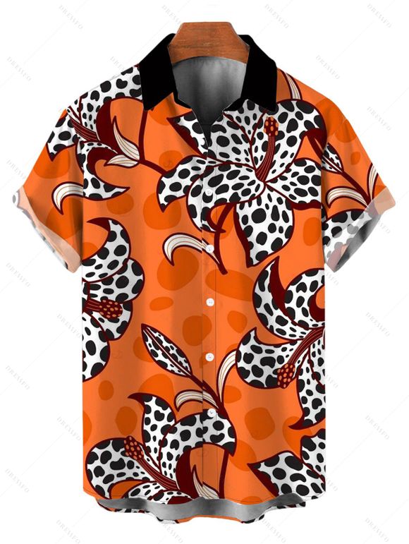Vintage Couple Outfit Colorblock Leopard Lily Floral Print Spaghetti Strap Maxi Bodycon Dress and Shirt Set - ORANGE S | US 4