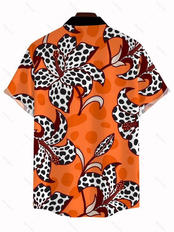 Vintage Couple Outfit Colorblock Leopard Lily Floral Print Spaghetti Strap Maxi Bodycon Dress and Shirt Set - ORANGE S | US 4