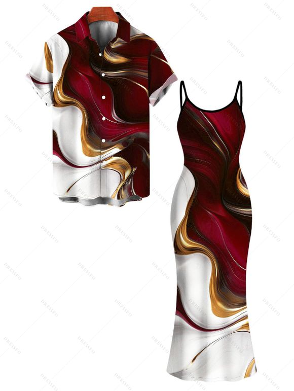 Vacation Couple Outfit Gold Fluid Abstract Marble Print Spaghetti Strap Maxi Bodycon Dress and Shirt Set - Rouge Vineux S | US 4