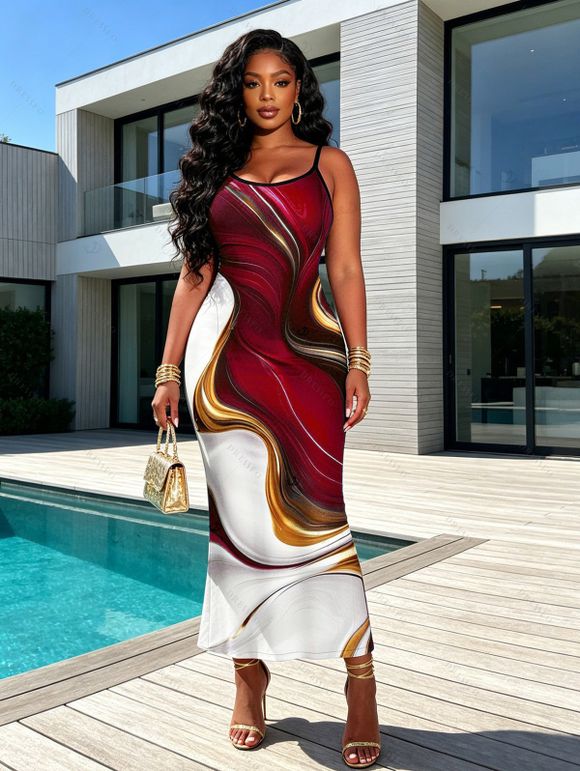 Vacation Couple Outfit Gold Fluid Abstract Marble Print Spaghetti Strap Maxi Bodycon Dress and Shirt Set - Rouge Vineux S | US 4