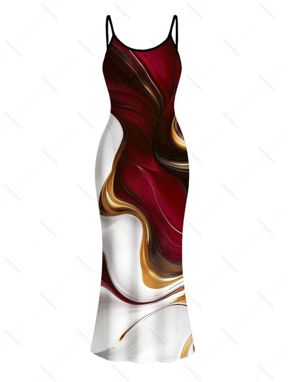 Vacation Couple Outfit Gold Fluid Abstract Marble Print Spaghetti Strap Maxi Bodycon Dress and Shirt Set - Rouge Vineux S | US 4