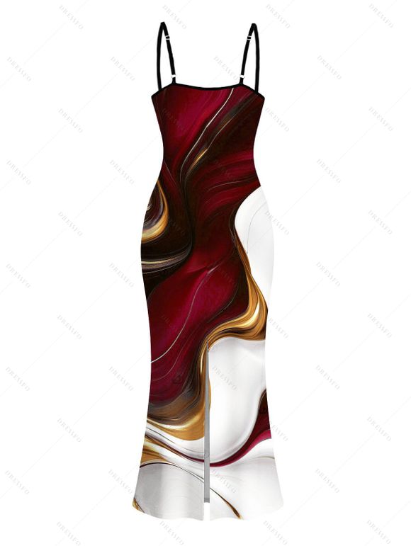 Vacation Couple Outfit Gold Fluid Abstract Marble Print Spaghetti Strap Maxi Bodycon Dress and Shirt Set - Rouge Vineux S | US 4