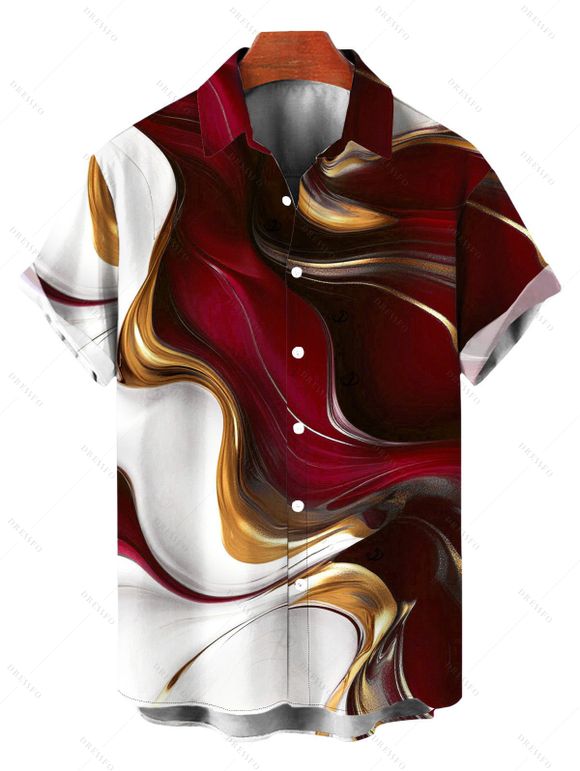 Vacation Couple Outfit Gold Fluid Abstract Marble Print Spaghetti Strap Maxi Bodycon Dress and Shirt Set - Rouge Vineux S | US 4