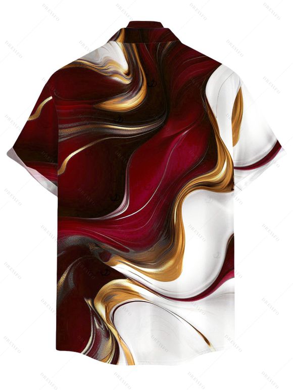 Vacation Couple Outfit Gold Fluid Abstract Marble Print Spaghetti Strap Maxi Bodycon Dress and Shirt Set - Rouge Vineux S | US 4