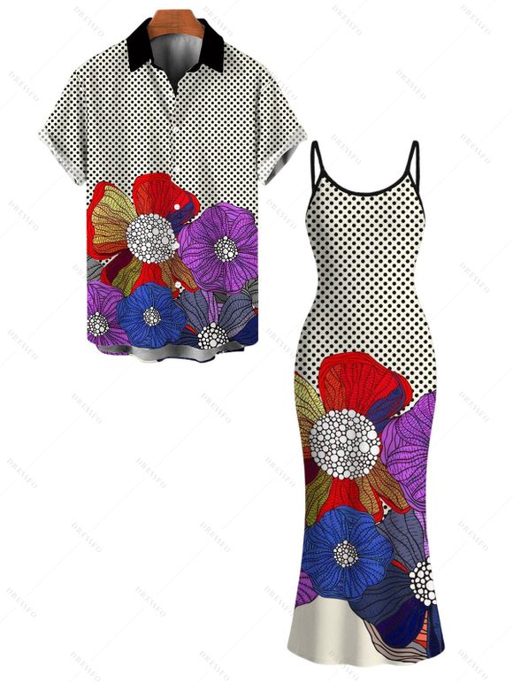 Vintage Couple Outfit Polka Dot Colorblock Floral Print Spaghetti Strap Maxi Bodycon Dress and Shirt Set - BLACK S | US 4
