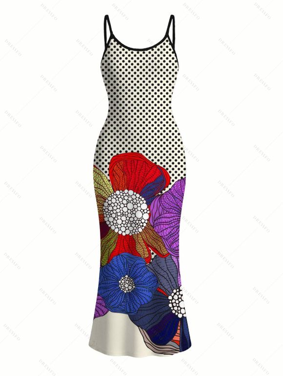 Vintage Couple Outfit Polka Dot Colorblock Floral Print Spaghetti Strap Maxi Bodycon Dress and Shirt Set - BLACK S | US 4