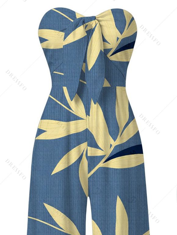 Vacation Jumpsuit Bamboo Leaf Print Pocket Bowknot Off the Shoulder Jumpsuit - Bleu clair XXL | US 14