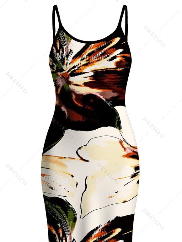Vacation Dress Splash Ink Floral Print Spaghetti Strap Maxi Bodycon Dress - multicolor XXL | US 14