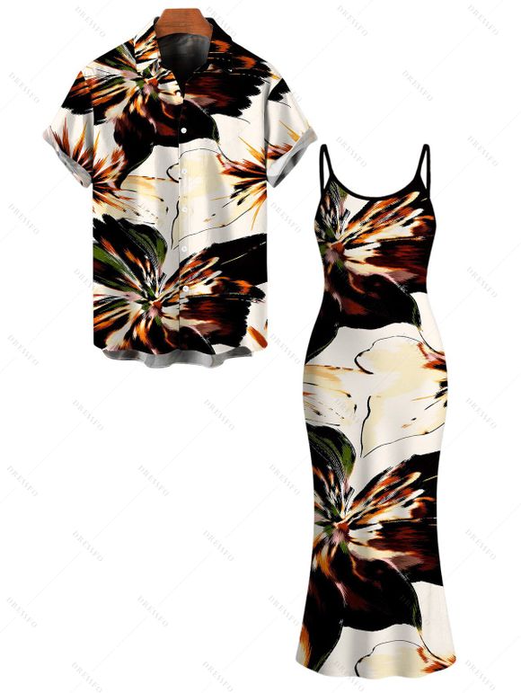 Vacation Couple Outfit Splash Ink Floral Print Spaghetti Strap Maxi Bodycon Dress and Shirt Set - multicolor S | US 4