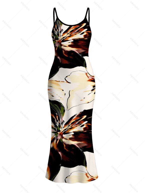Vacation Couple Outfit Splash Ink Floral Print Spaghetti Strap Maxi Bodycon Dress and Shirt Set - multicolor S | US 4