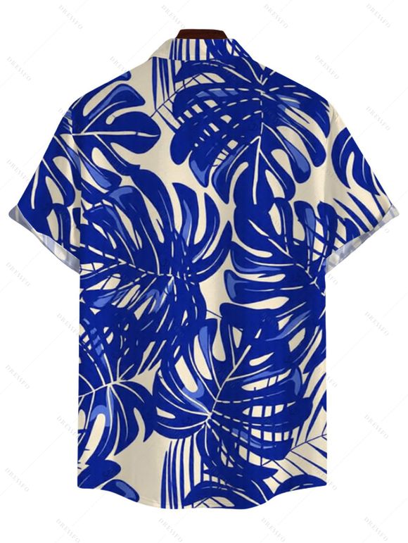 Men's Hawaiian Vacation Shirt Tropical Monstera Leaf Print Button Up Shirt - Bleu 2XL