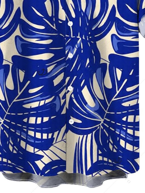 Men's Hawaiian Vacation Shirt Tropical Monstera Leaf Print Button Up Shirt - Bleu 2XL