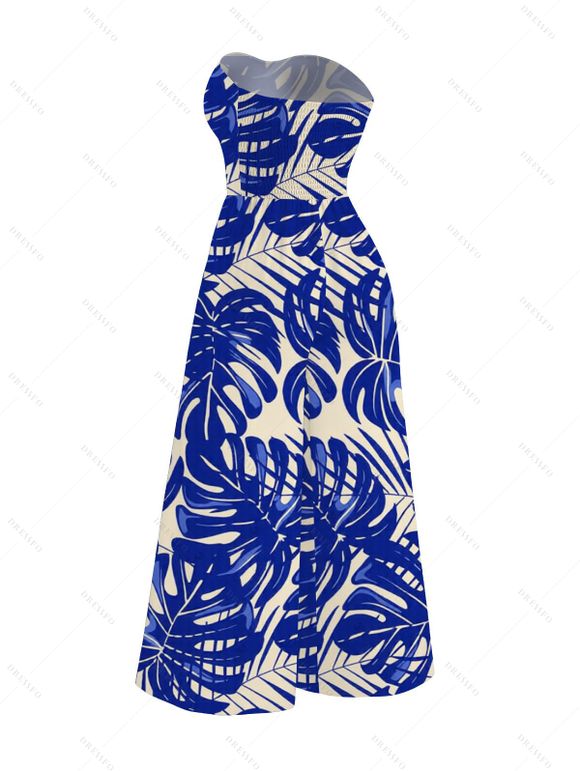 Vacation Jumpsuit Tropical Monstera Leaf Print Tied Pocket Off the Shoulder Jumpsuit - Bleu XXL | US 14